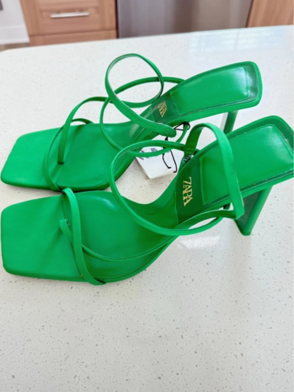 ZARA Bright Green Strappy Square-Toe Heeled Sandals